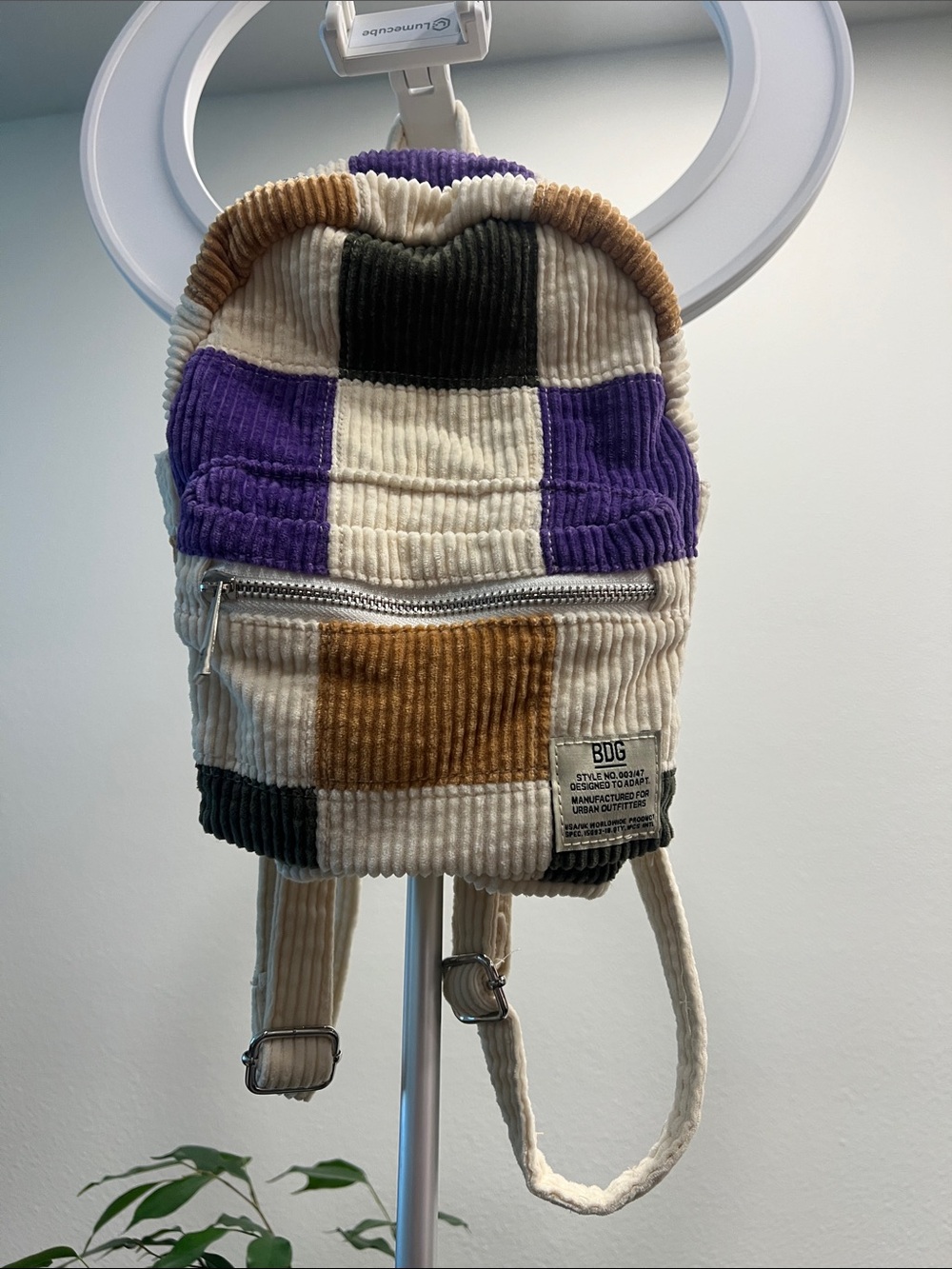 Urban Outfitters Patchwork Corduroy Mini Backpack in Purple, Cream & Brown